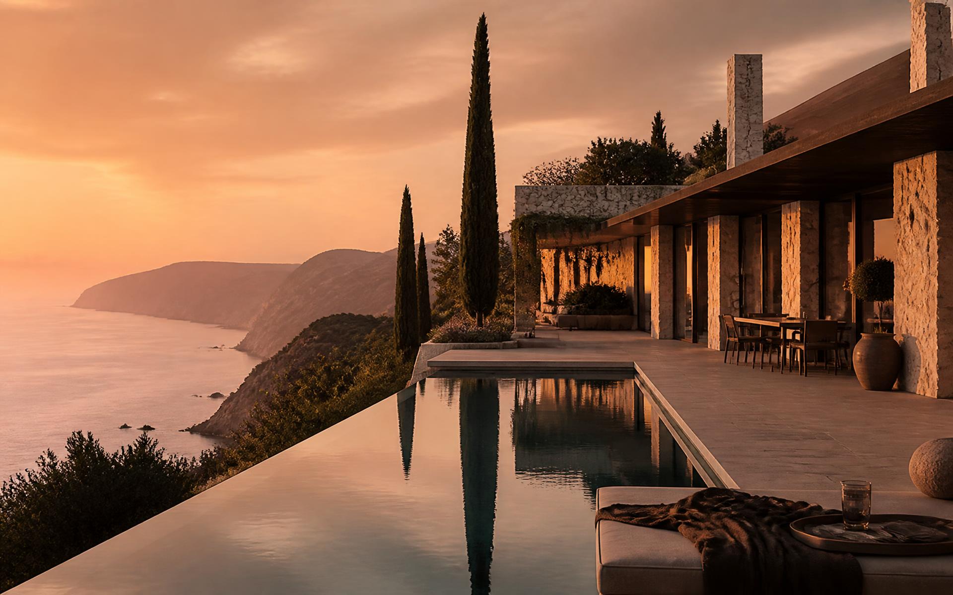 A modernist cliffside villa above the Mediterranean at dusk, its infinity pool reflecting the sky